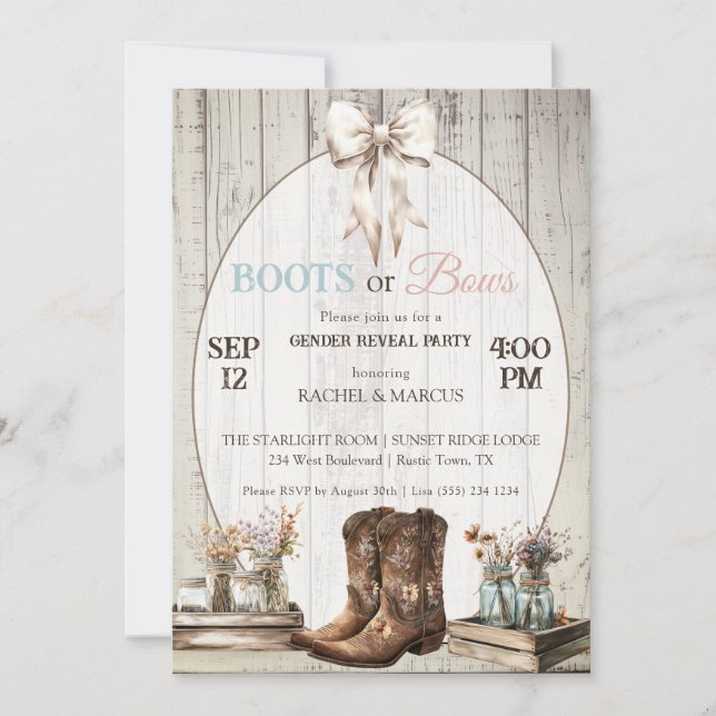 Invitation Boots ou Bows boho rustique Genre révéler la fête (Devant)