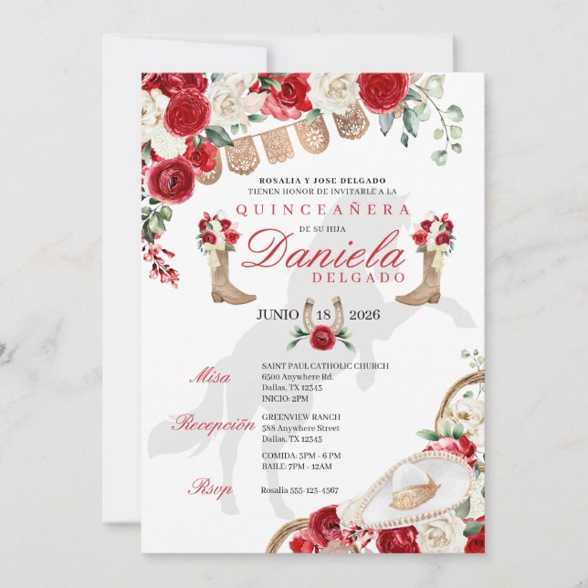 Invitation Boots rouges et Roses Papel Picado Quinceañera (Devant)
