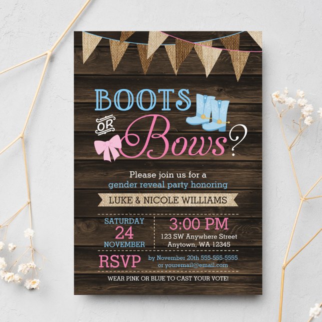 Invitation Boots rustiques ou Bows Baby shower de révélation  (Créateur téléchargé)