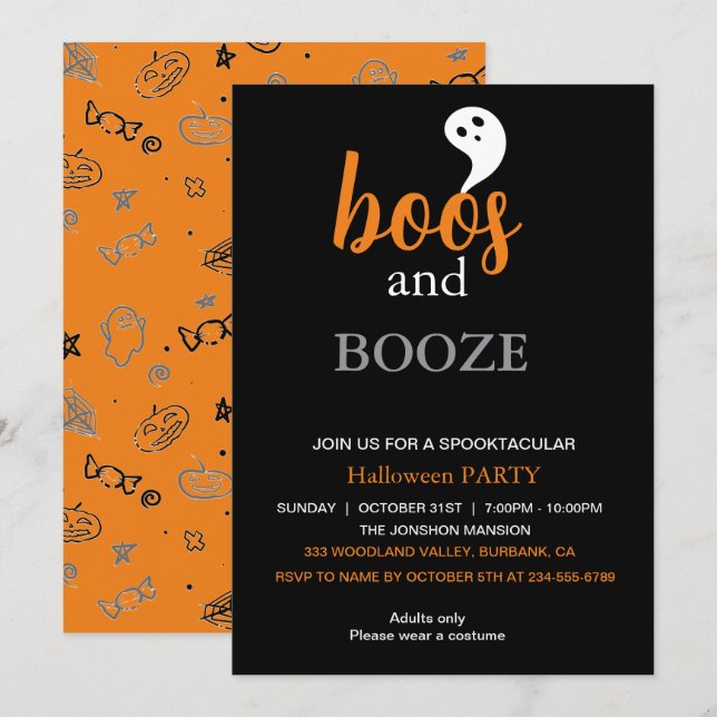Invitation Booze Black Orange Adulte Halloween Party (Devant / Derrière)