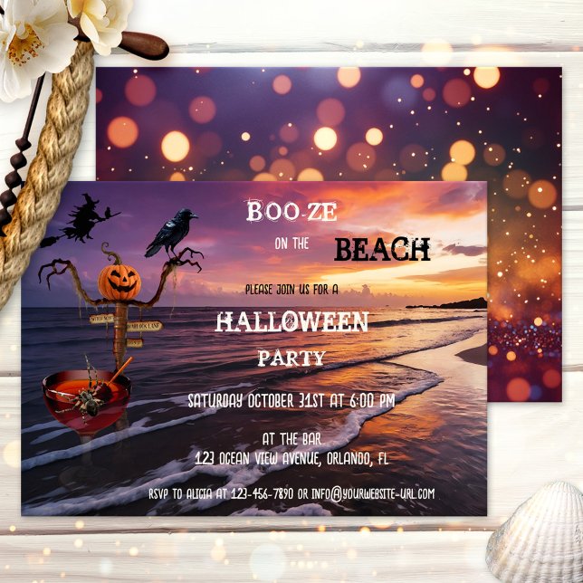 Invitation Booze on the Beach Halloween Cocktail Party (Halloween cocktail party invitation featuring a sunset on the beach with a cocktail, witch and raven)