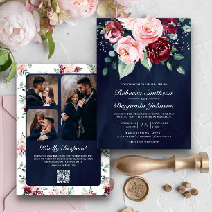 Invitation Bordeaux Floral Code QR Rose Saumon Mariage Bleu M