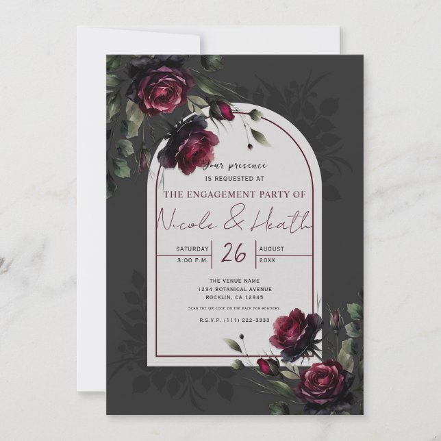 Invitation Bordeaux Red Roses Shadowy Grey Floral Fiançailles (Devant)