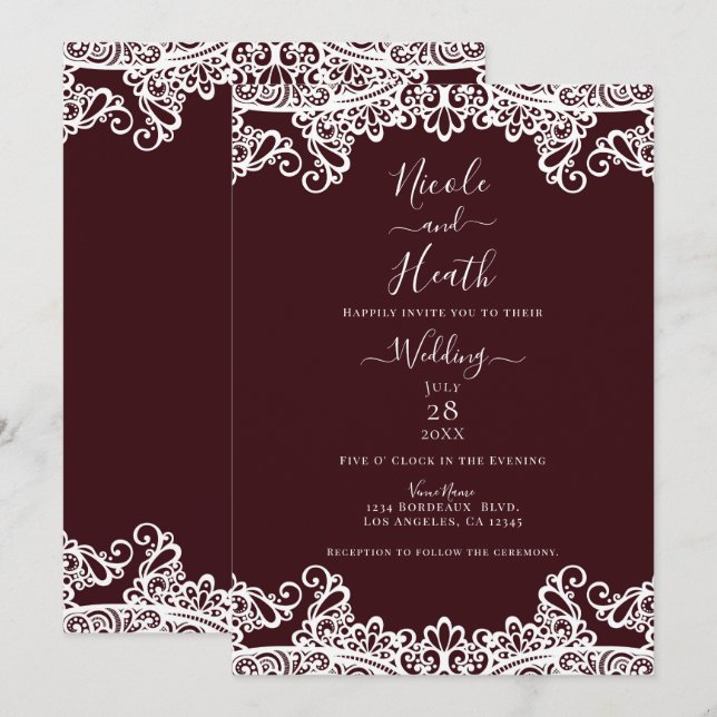 Invitation Bordeaux Vin & Dentelle Blanche Mariage élégant (Devant / Derrière)