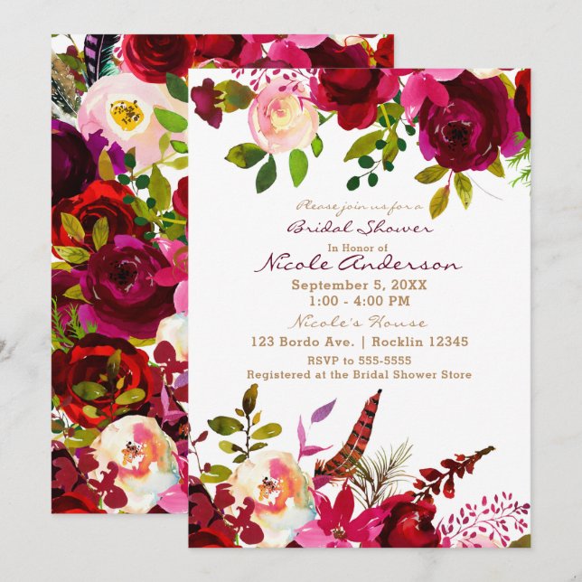 Invitation Bordo Burgundy Maroon Boho Fête des mariées floral (Devant / Derrière)