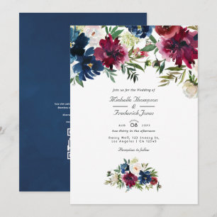 Invitation Bordo et marine Aquarelle Floral QR Code Mariage