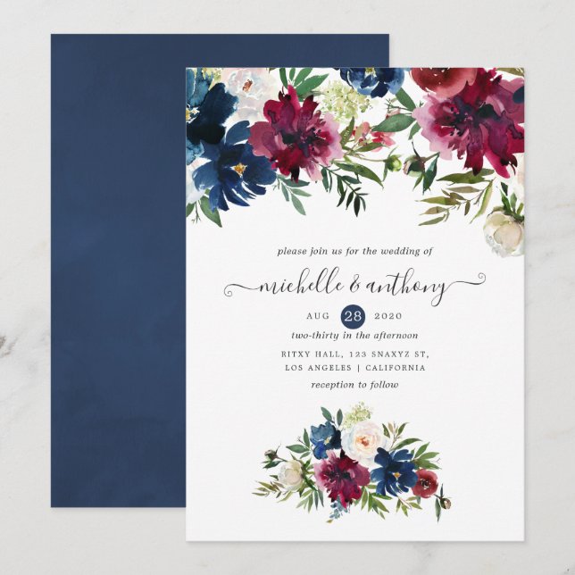 Invitation Bordo et marine Aquarelle Florale (Devant / Derrière)