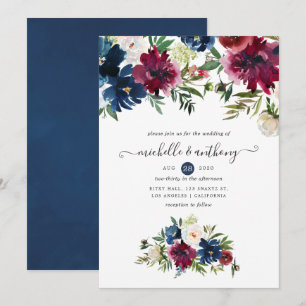 Invitation Bordo et marine Aquarelle Florale