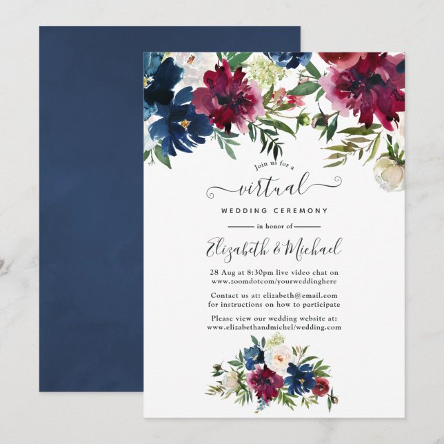 Invitation Bordo et marine Aquarelle Florale Mariage virtuel (Devant / Derrière)