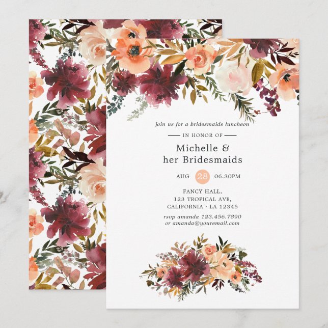 Invitation Bordo Peach Watercolor Bridesservantes Déjeuner (Devant / Derrière)