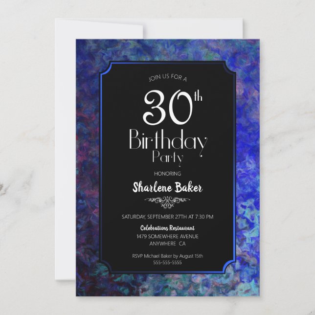 Invitation Bordure bleue Black 30e fête d'anniversaire (Devant)