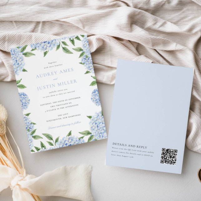 Invitation Bordure Blue Hydrangea, QR Code sur le dos, Mariag (Créateur téléchargé)