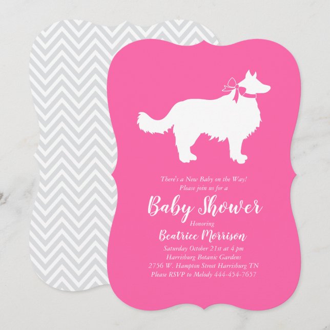 Invitation Bordure Collie Chien Baby shower Rose Girl (Devant / Derrière)