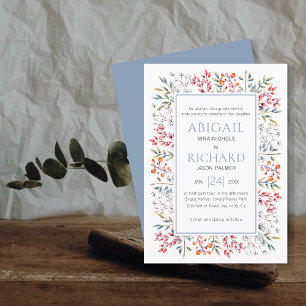 Invitation Bordure de feuilles et de baies mariage bleu pouss