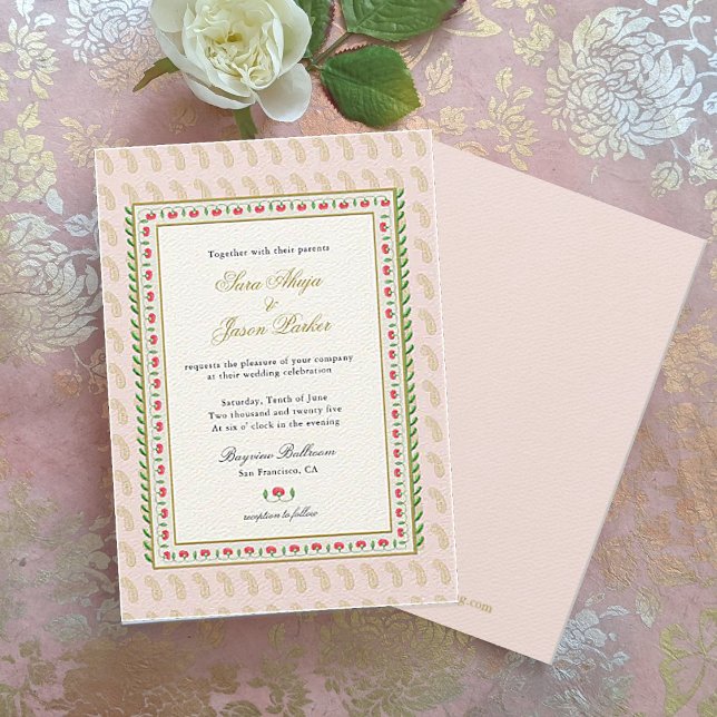 Invitation Bordure de fleurs d'aquarelle mariage indien rose (Créateur téléchargé)