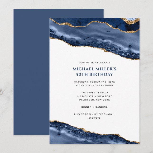 Invitation Bordure de la Géode d'âge bleu et or Anniversaire (Devant / Derrière)