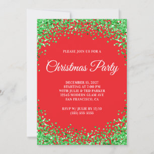 Invitation Bordure de paillettes vertes Fête de Noël rouge