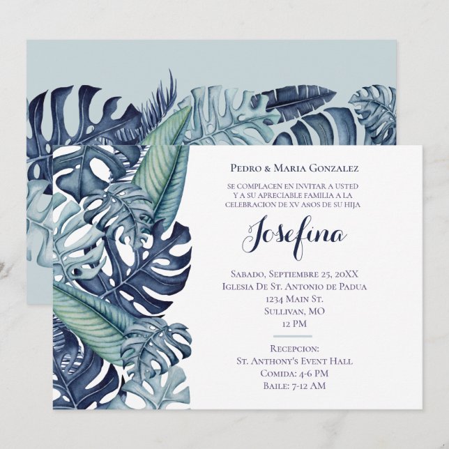 Invitation Bordure de Quinceañera de feuillage tropical bleu (Devant / Derrière)