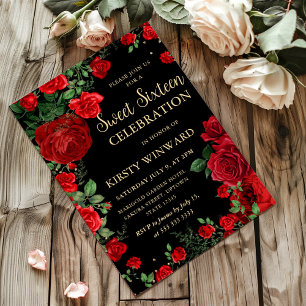 Invitation Bordure de roses rouges pour fête des seize ans fl