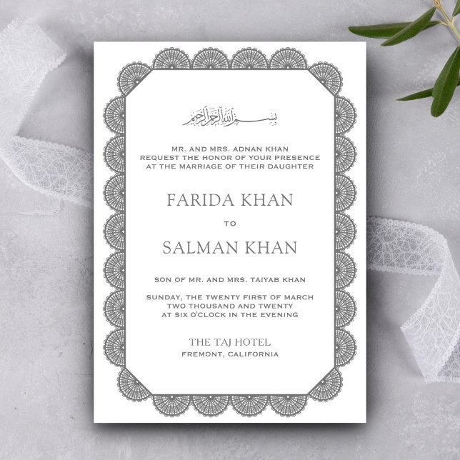 Invitation Bordure dentelle crachée gris blanc Mariage islami (Créateur téléchargé)
