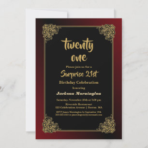 Invitation Bordure d'or Black Red Surprise 21e anniversaire