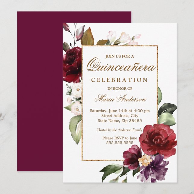 Invitation Bordure d'or floral de Bourgogne Quinceanera Party (Devant / Derrière)