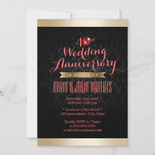 Invitation Bordure d'or Noir Damas Ruby Mariage Anniversaire