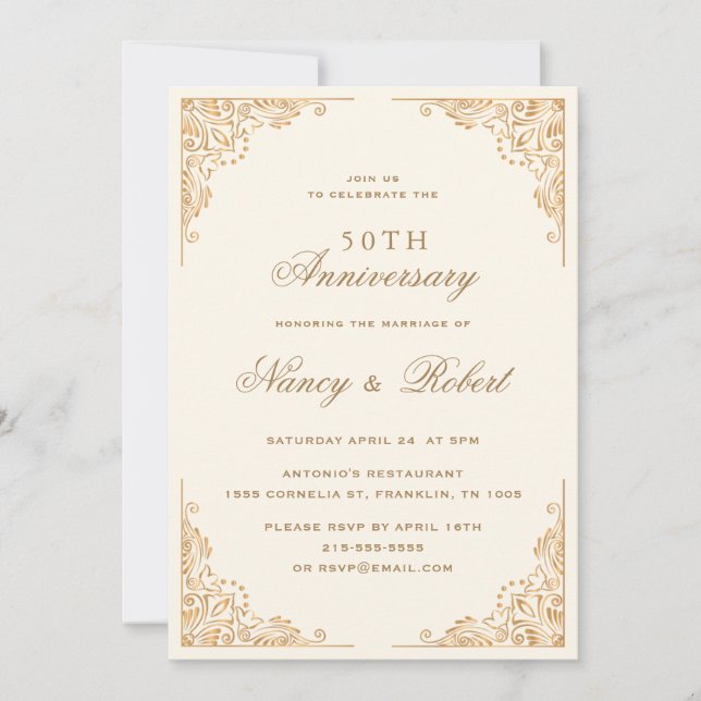 Invitation Bordure d'or Ornate Beige 50e anniversaire Mariage (Devant)