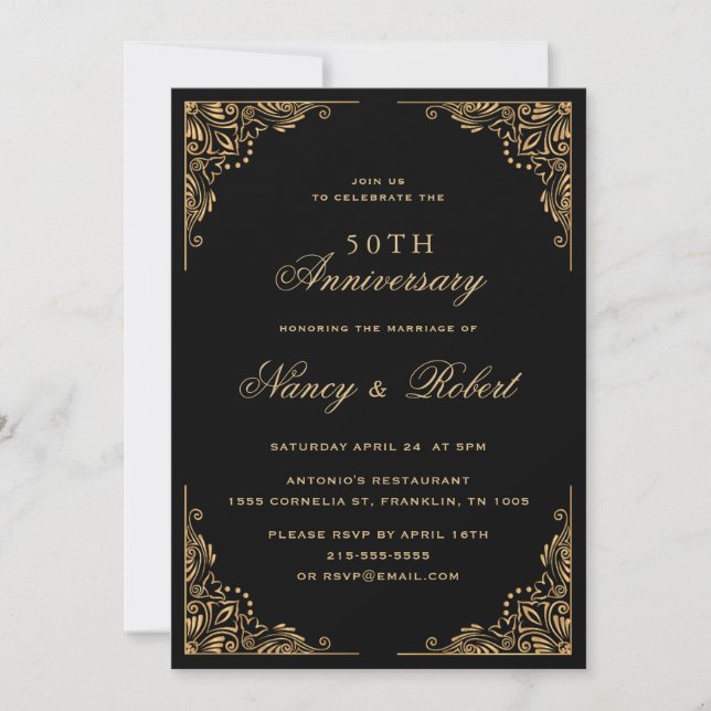 Invitation Bordure d'or Ornate Noir 50e anniversaire Mariage (Devant)