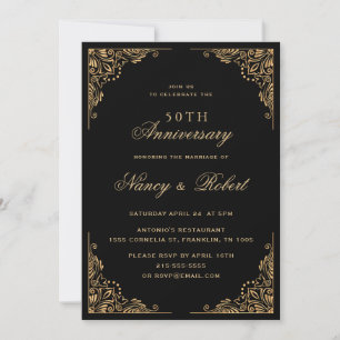 Invitation Bordure d'or Ornate Noir 50e anniversaire Mariage