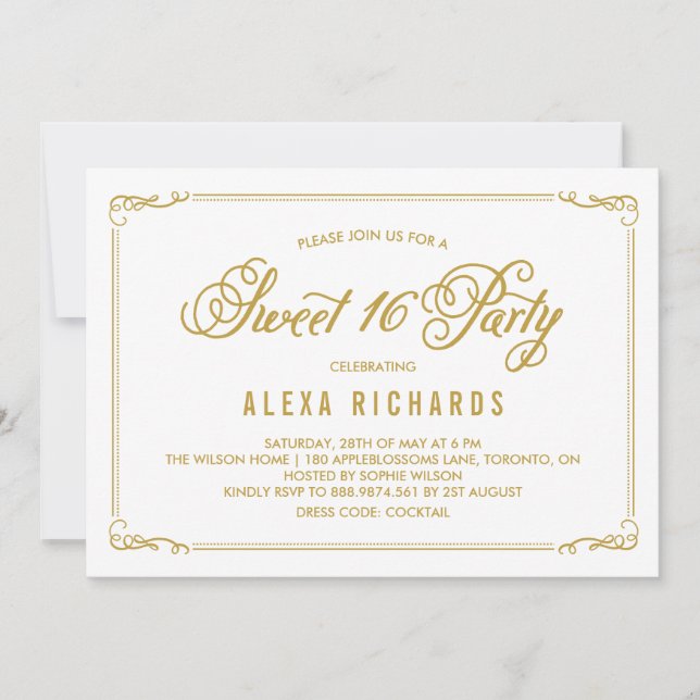 Invitation Bordure et script Whimsical | Sweet sixteen or (Devant)