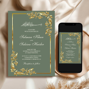 Invitation Bordure Florale Dorée Vert Sauge Mariage Islamique