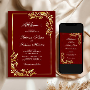 Invitation Bordure florale rouge bordeaux or mariage islamiqu