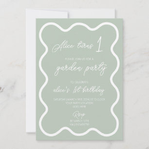 Invitation Bordure ondulée verte Sage blanc 1er anniversaire
