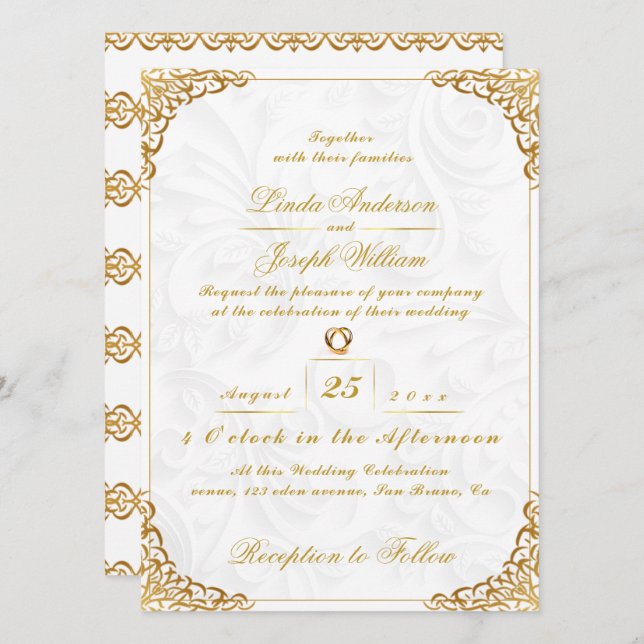 Invitation Bordure Or Glamor Luxe & Mariage Fleur Nordique (Devant / Derrière)