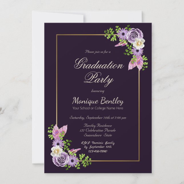 Invitation Bordure or Lavande Florale Purple Graduation (Devant)