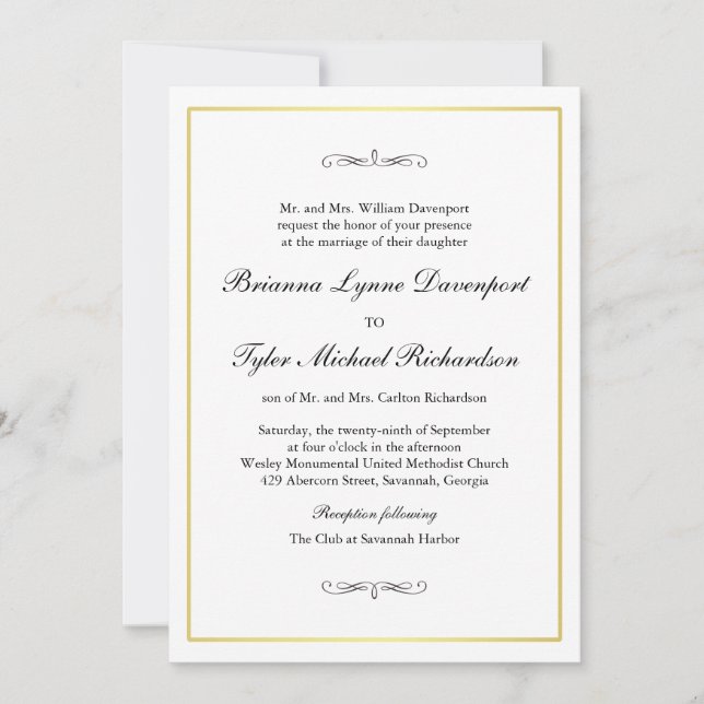 Invitation Bordure or Mariage classique simple élégance (Devant)