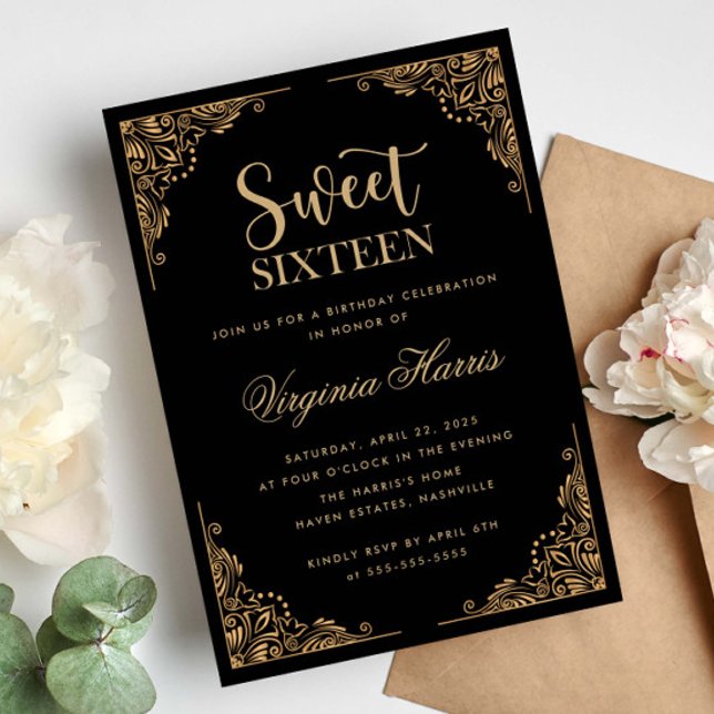 Invitation Bordure or Ornate Sweet sixteen noir 16 Anniversai (Créateur téléchargé)