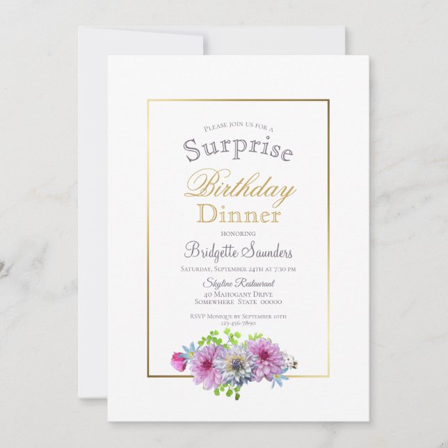 Invitation Bordure or rose Floral Surprise Anniversaire Dîner (Devant)