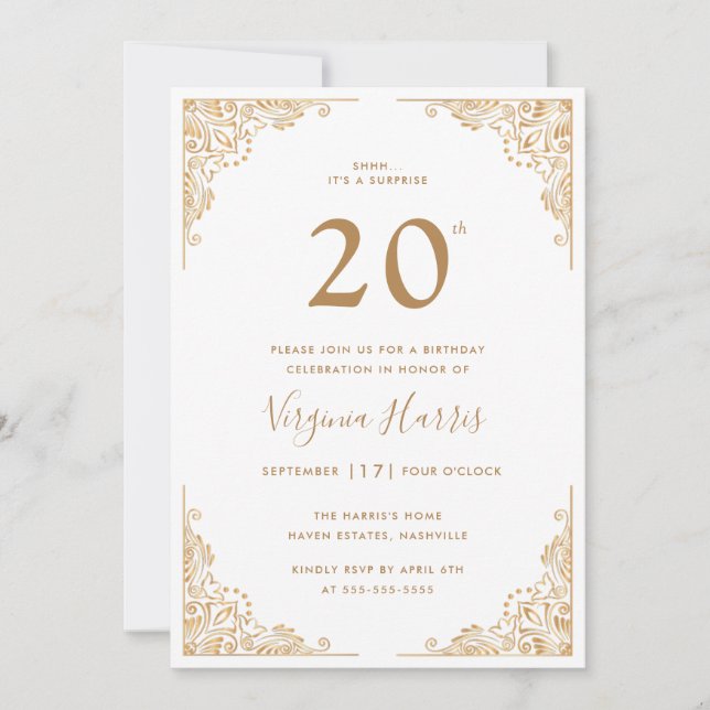 Invitation Bordure Ornate Or Blanc Vingt-vingtième anniversai (Devant)
