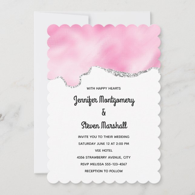 Invitation Bordure Parties scintillant rose et argent Mariage (Devant)