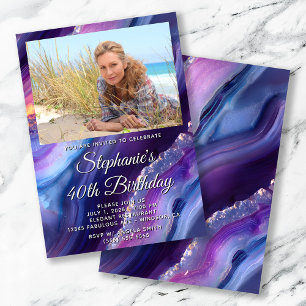 Invitation Bordure photo d'agate bleu violet 40e anniversaire