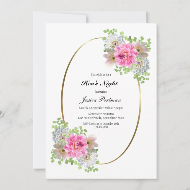 Invitation Bordure rose florale or Hen's Night (Devant)