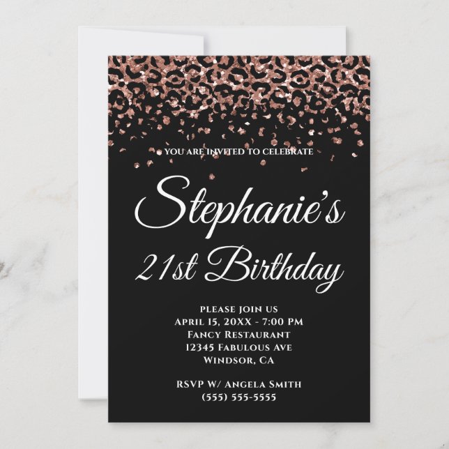 Invitation Bordure rose Gold Leopard Black 21e anniversaire (Devant)