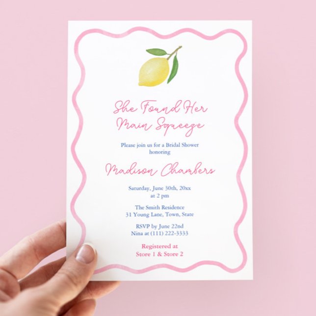 Invitation Bordure rose ondulée Main Fête des mariées de citr (Main Squeeze Lemon Bridal Shower Invitation Design With Pink Wavy Line Border)