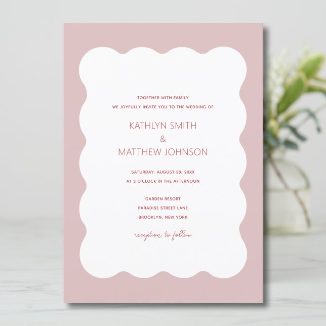 Invitation Bordure rose rouge vague moderne Mariage rétro (Créateur téléchargé)