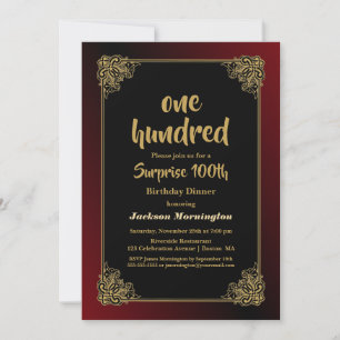 Invitation Bordure rouge or décoratif Surprise 100e anniversa