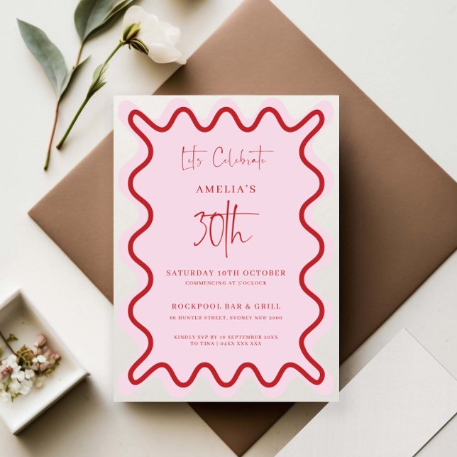 Invitation Bordure rouge rose vague 30e anniversaire Invitati (Créateur téléchargé)