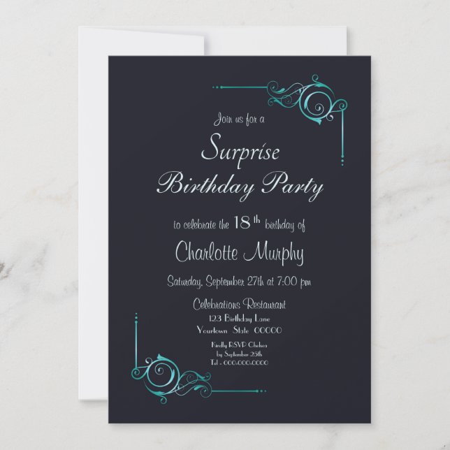 Invitation Bordure turquoise Surprise 18e anniversaire fête (Devant)