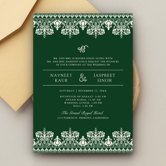 Invitation Bordure verte ivoire Damask Anand Karaj Sikh Maria (Créateur téléchargé)
